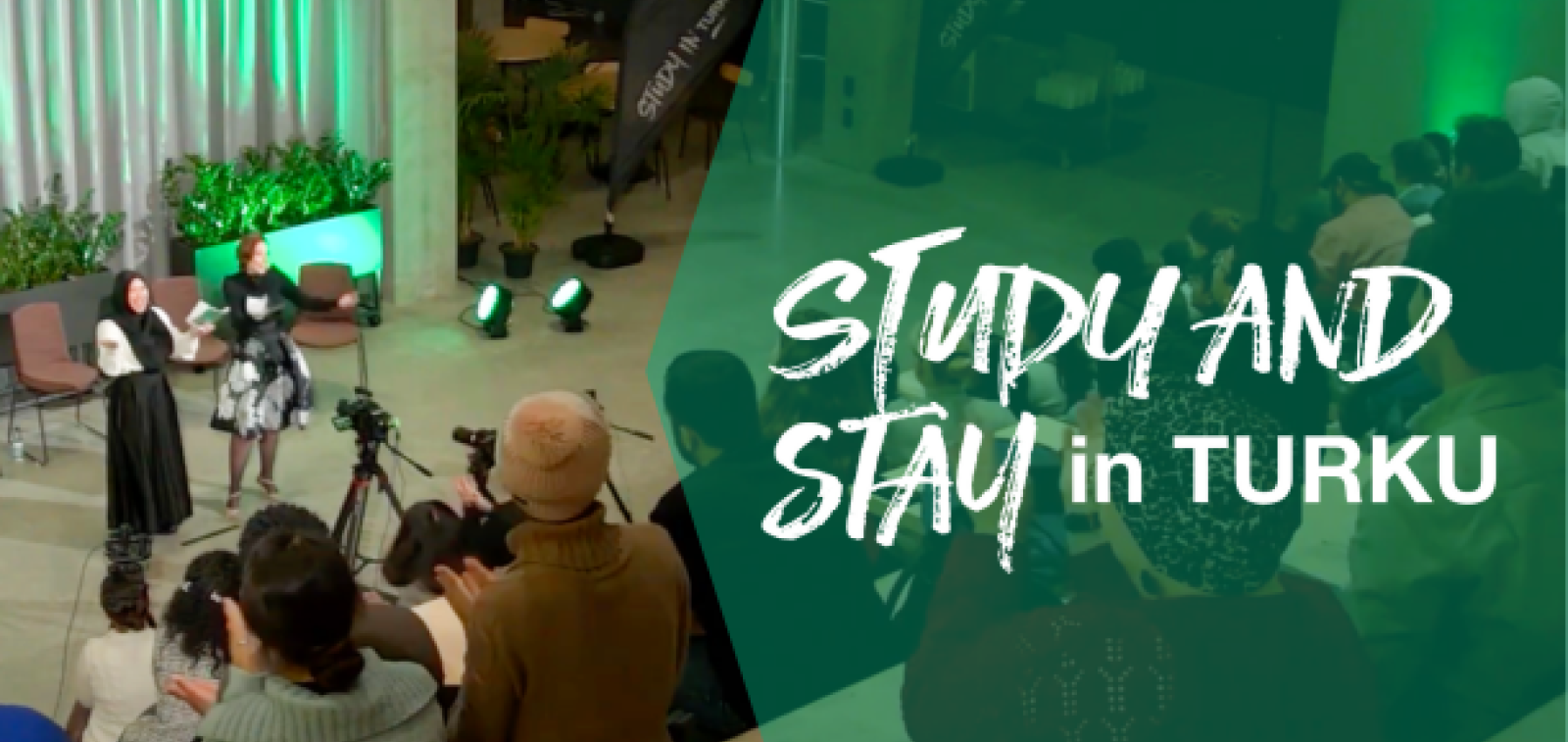 Event hosts and audience in auditorium with overcast text saying Study and Stay in Turku